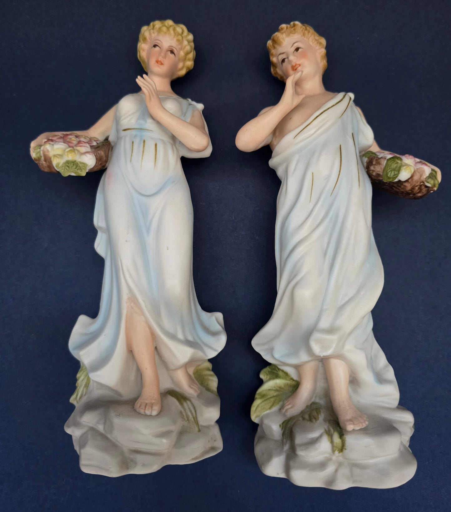 Italian Bisque Porcelain Figurine Pair - Classical Maidens 1910