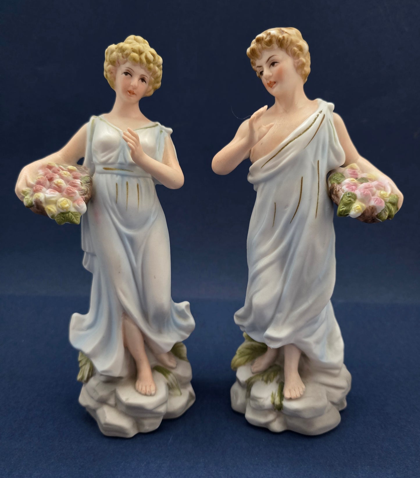 Italian Bisque Porcelain Figurine Pair - Classical Maidens 1910