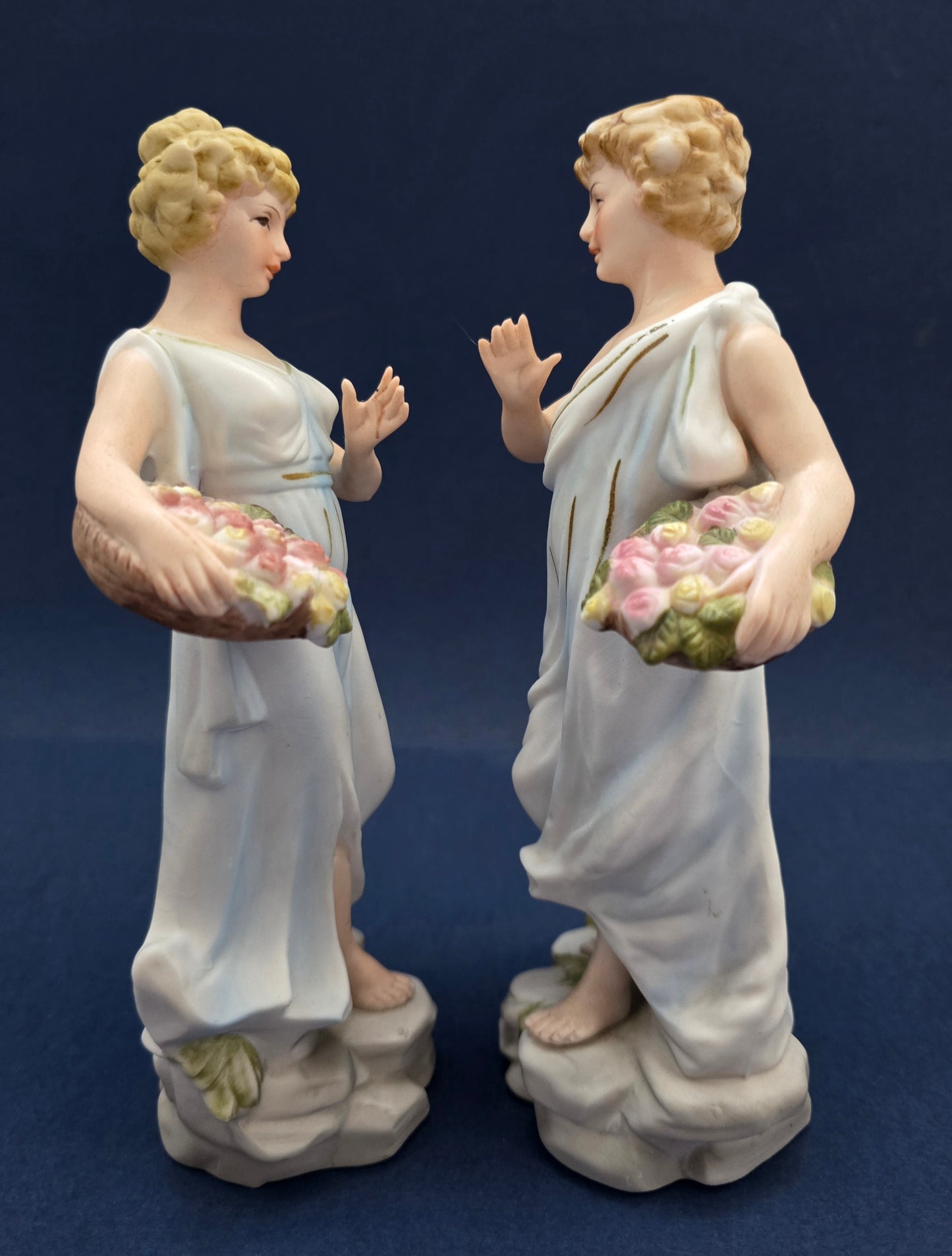 Italian Bisque Porcelain Figurine Pair - Classical Maidens 1910