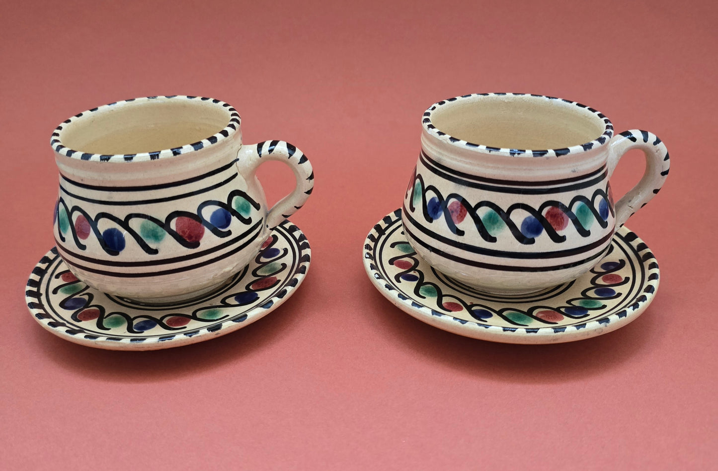 Italian Hand-Painted Cup & Saucer Set - Colorful Swirls 1950s