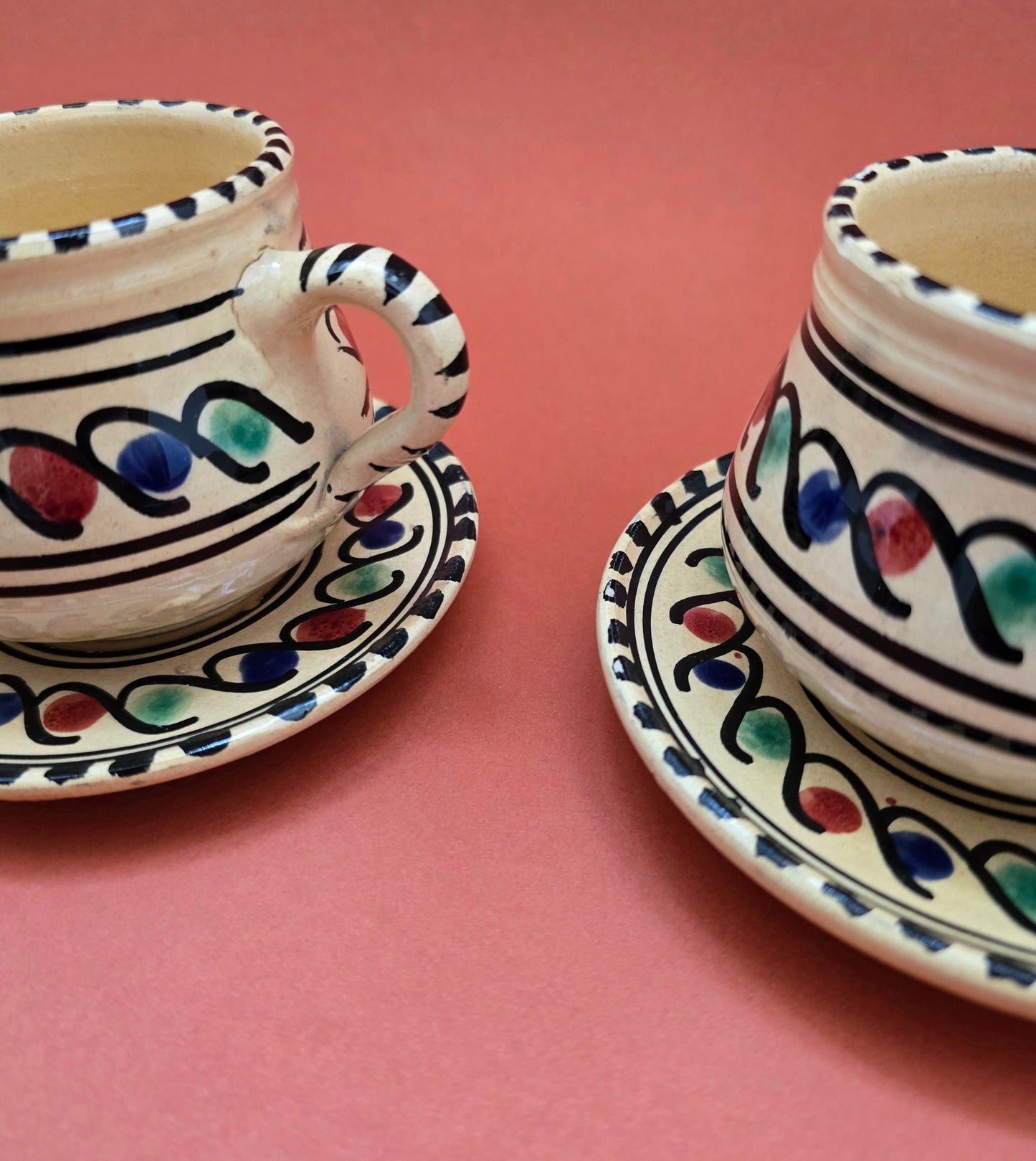 Italian Hand-Painted Cup & Saucer Set - Colorful Swirls 1950s