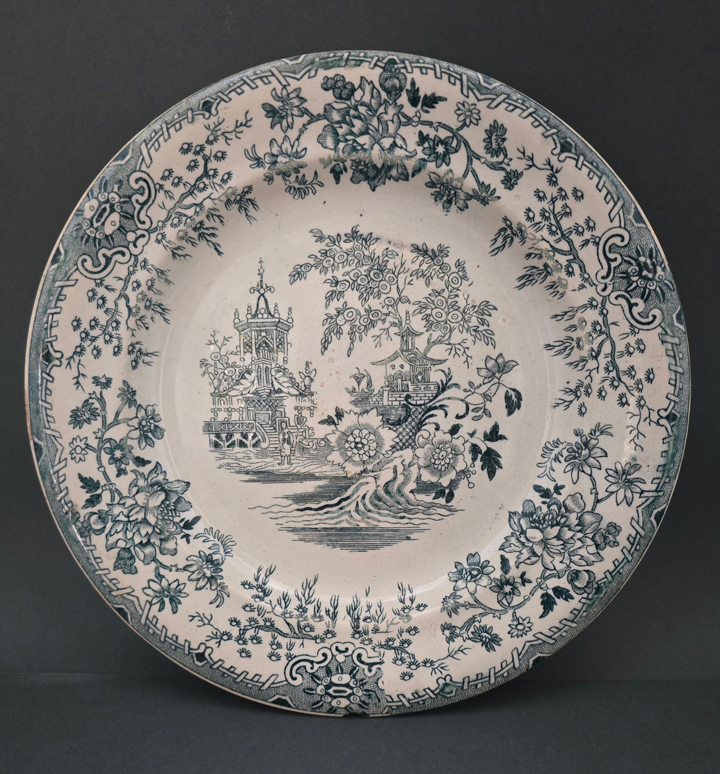 1850s F. Primavesi & Sons Cardiff Transferware Plate - Green Chinoiserie - Broken Beauty