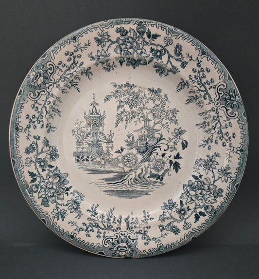 1850s F. Primavesi & Sons Cardiff Transferware Plate - Green Chinoiserie - Broken Beauty