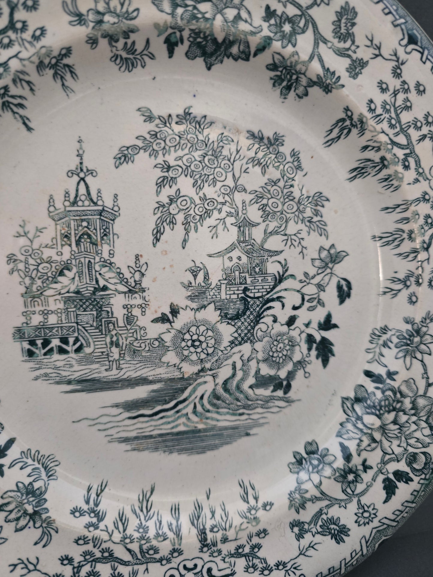 1850s F. Primavesi & Sons Cardiff Transferware Plate - Green Chinoiserie - Broken Beauty