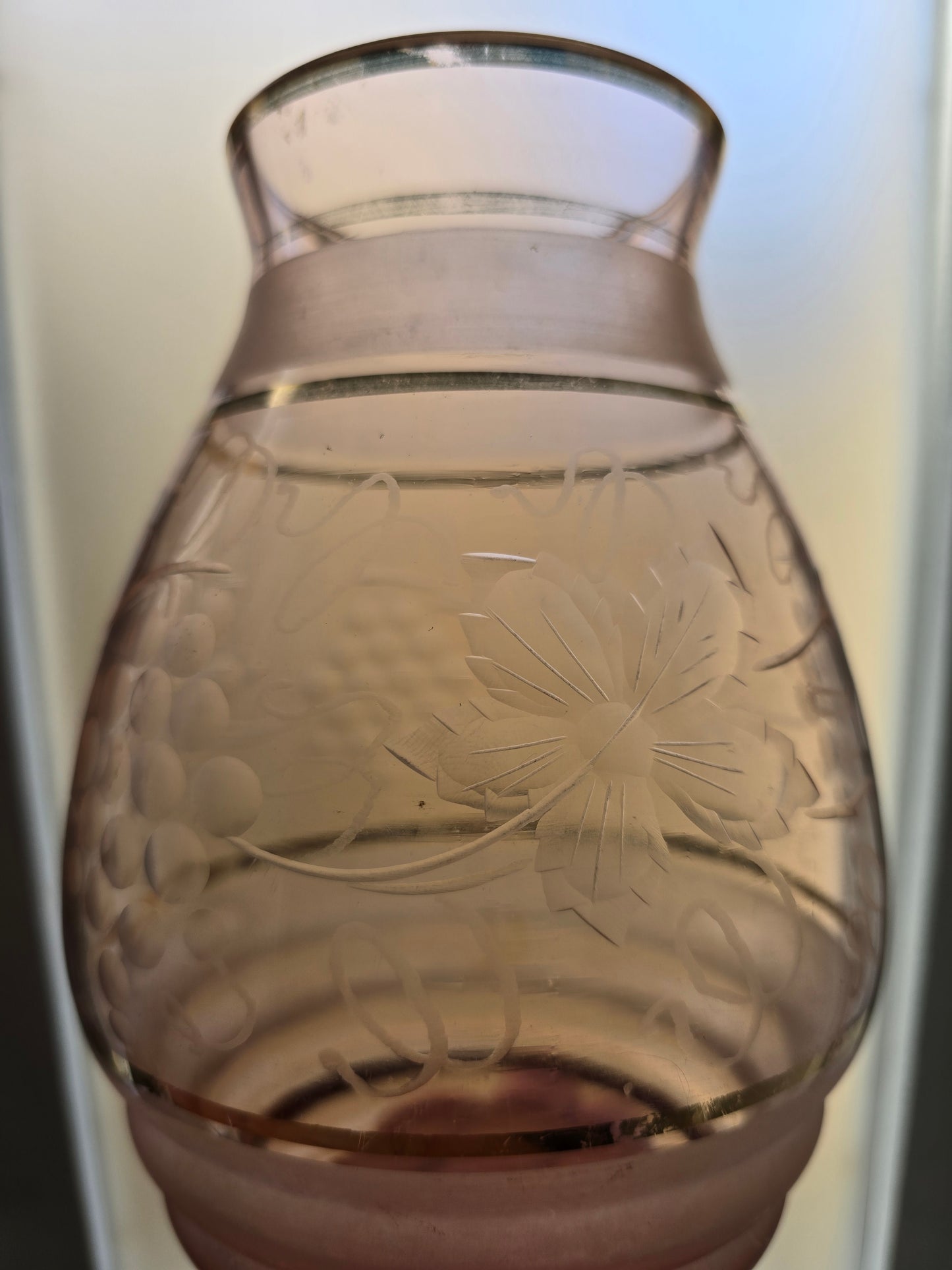 1920s Bohemian Pink Glass Vase - Art Deco Etched Floral with Gold Bands