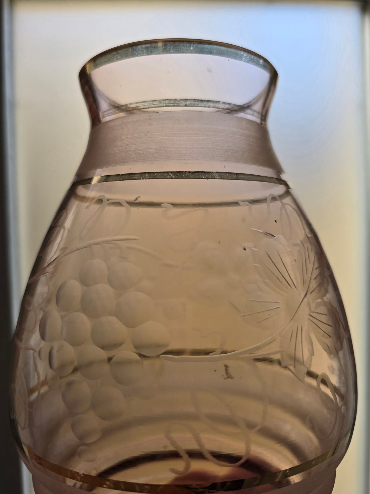 1920s Bohemian Pink Glass Vase - Art Deco Etched Floral with Gold Bands