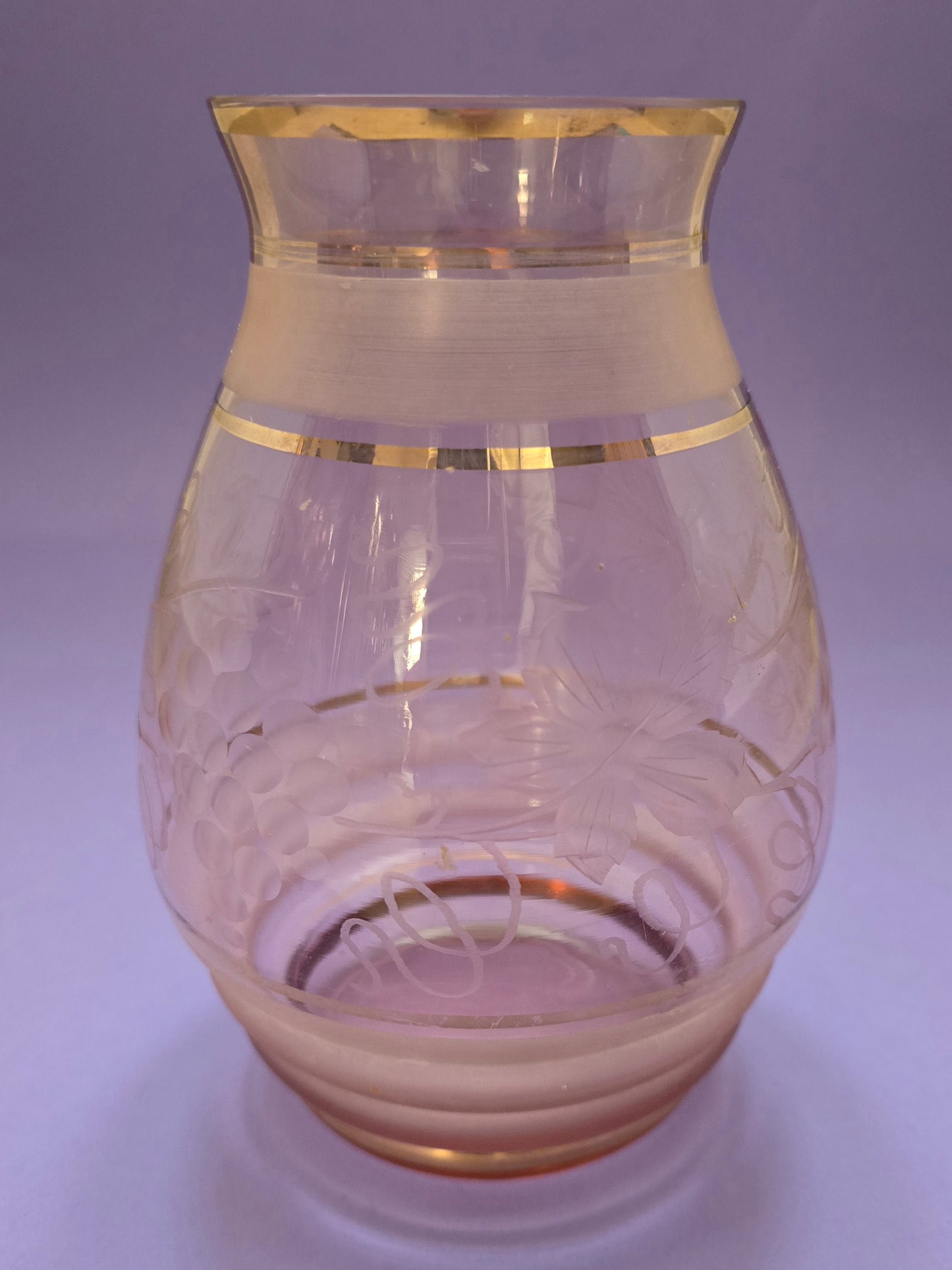 1920s Bohemian Pink Glass Vase - Art Deco Etched Floral with Gold Bands