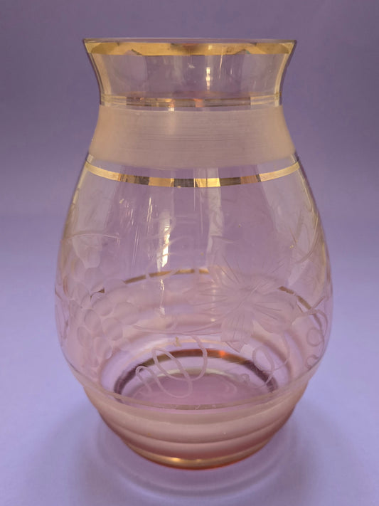1920s Bohemian Pink Glass Vase - Art Deco Etched Floral with Gold Bands