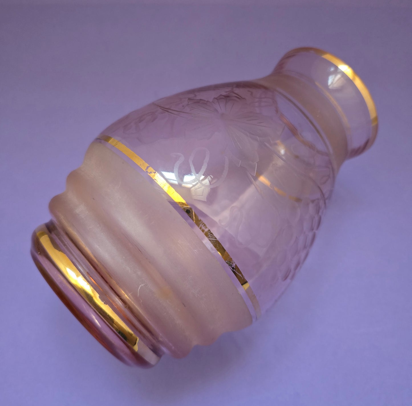 1920s Bohemian Pink Glass Vase - Art Deco Etched Floral with Gold Bands