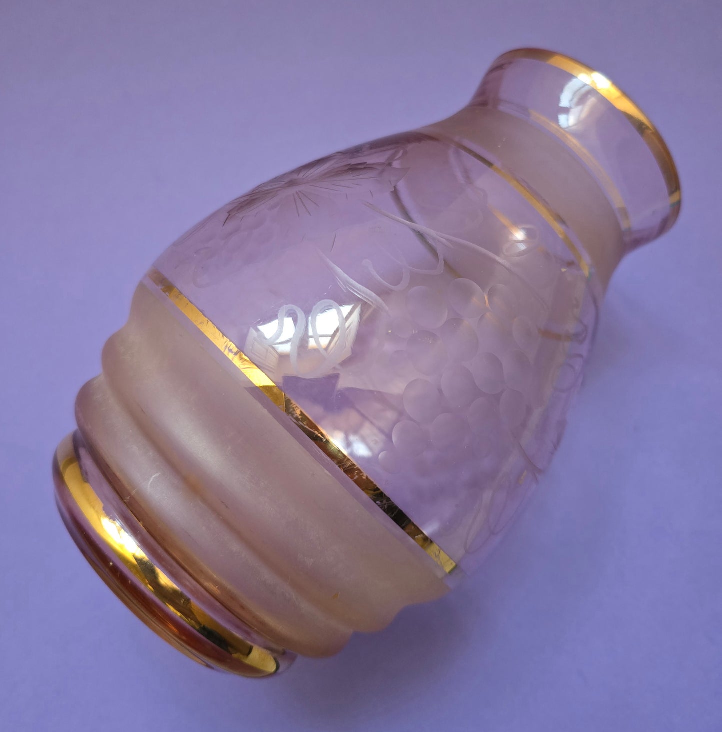 1920s Bohemian Pink Glass Vase - Art Deco Etched Floral with Gold Bands