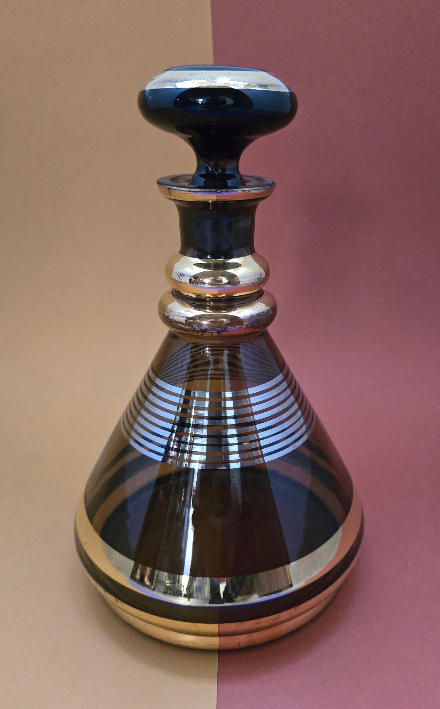 1930s Art Deco Bohemian Glass Decanter - Amber with Gold & Silver Bands