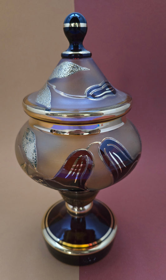1920s Bohemian Glass Candy Jar - Hand-Painted Florals with Iridescent Blue Stopper