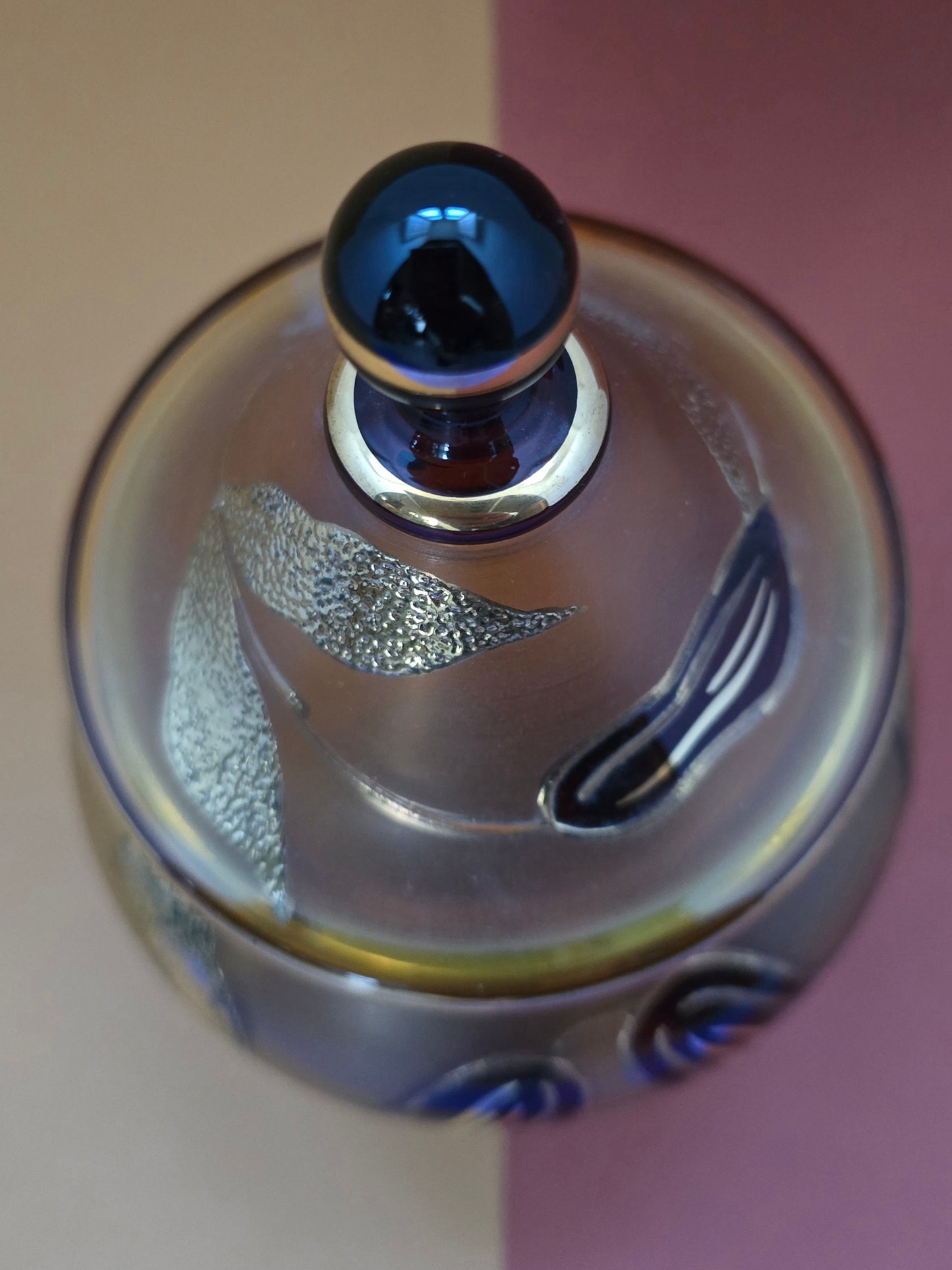 1920s Bohemian Glass Candy Jar - Hand-Painted Florals with Iridescent Blue Stopper
