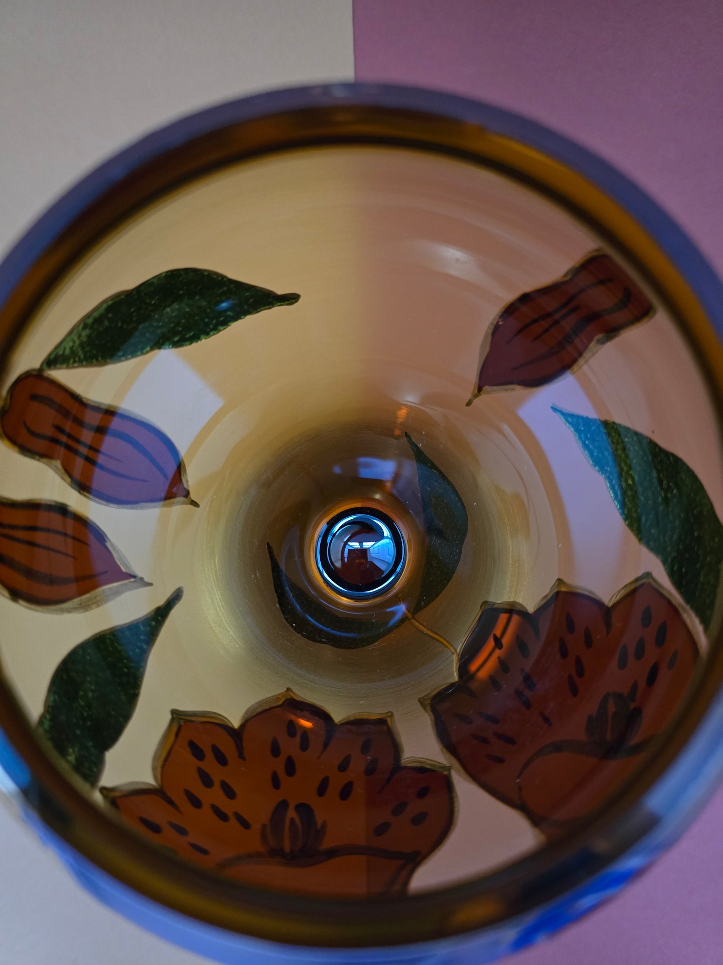 1920s Bohemian Glass Candy Jar - Hand-Painted Florals with Iridescent Blue Stopper