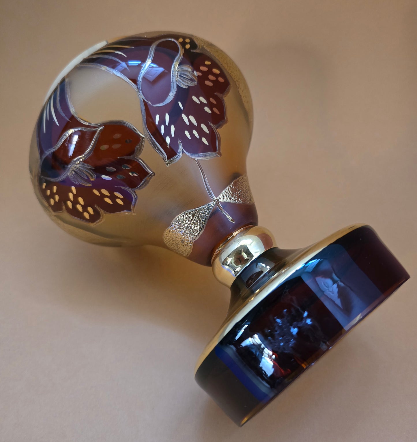 1920s Bohemian Glass Candy Jar - Hand-Painted Florals with Iridescent Blue Stopper
