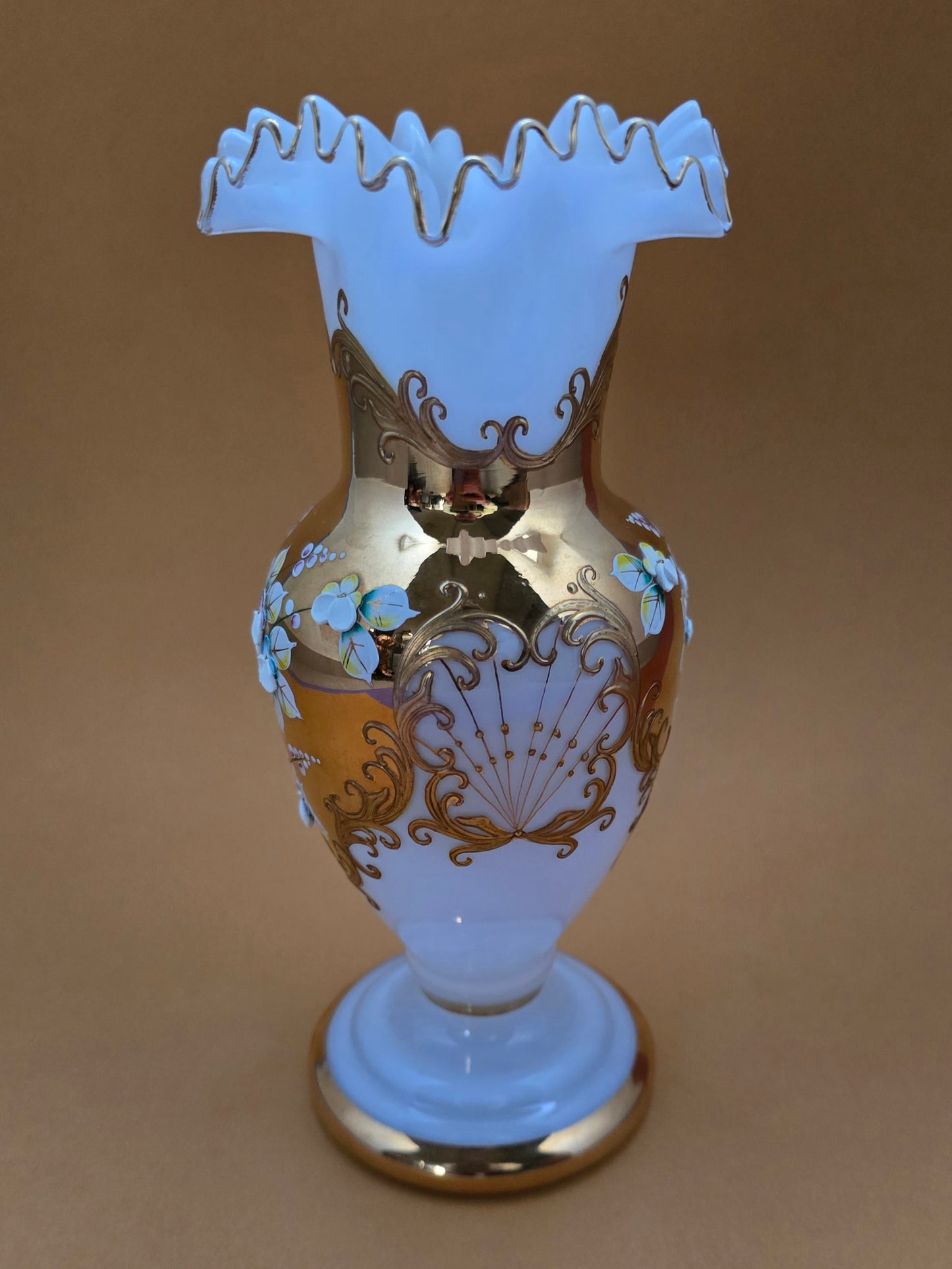 Bohemian White Opaline Glass Vase - Hand-Painted Florals with Gold Scrollwork