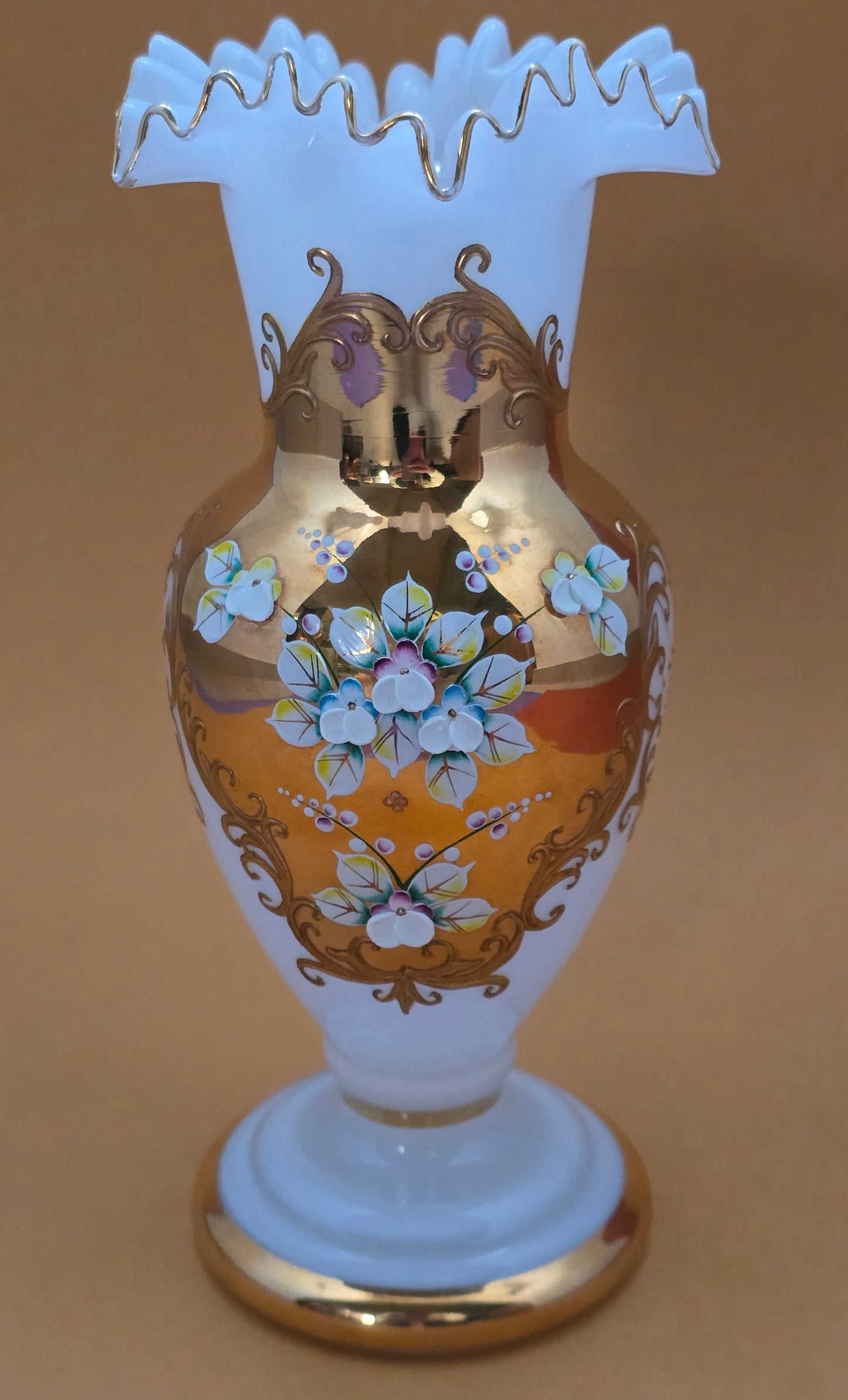 Bohemian White Opaline Glass Vase - Hand-Painted Florals with Gold Scrollwork