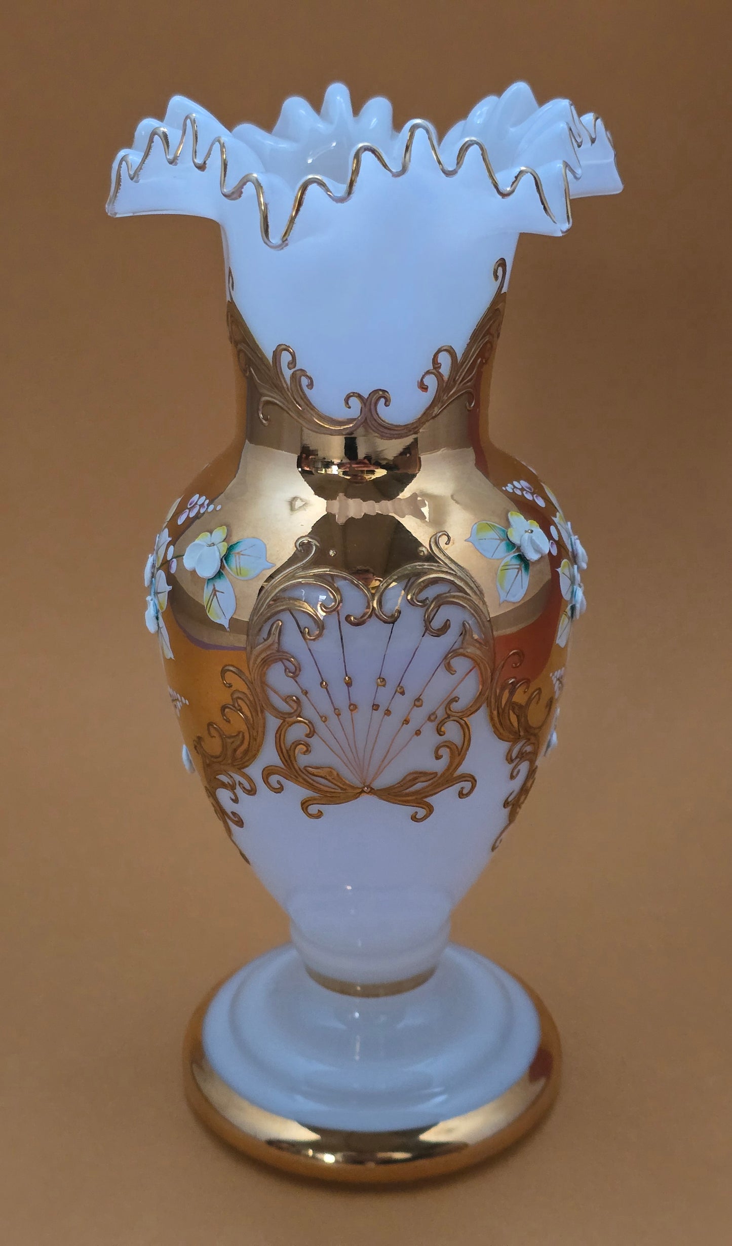 Bohemian White Opaline Glass Vase - Hand-Painted Florals with Gold Scrollwork