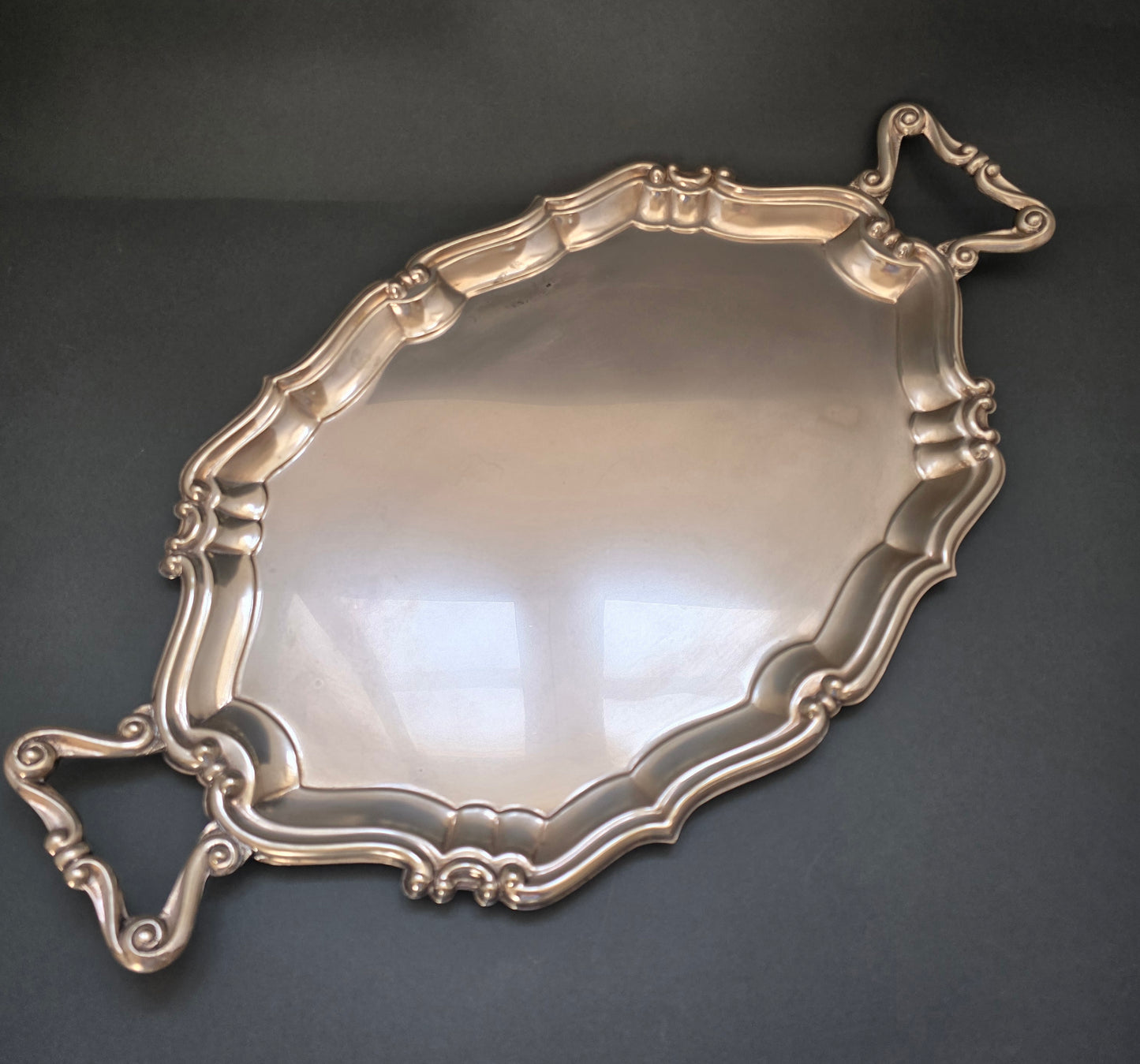 1940s German Alpacca Silver-Plated Serving Tray - Rococo Style Handles