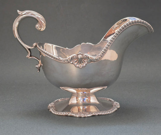 Antique Silver Sauce Boat on Pedestal with Dramatic Scroll Handle (circa 1840)