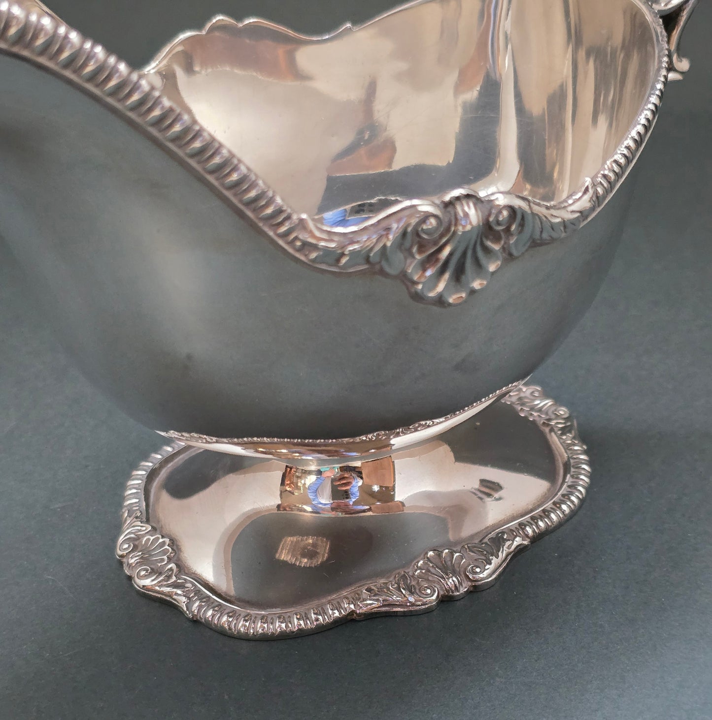 Antique Silver Sauce Boat on Pedestal with Dramatic Scroll Handle (circa 1840)