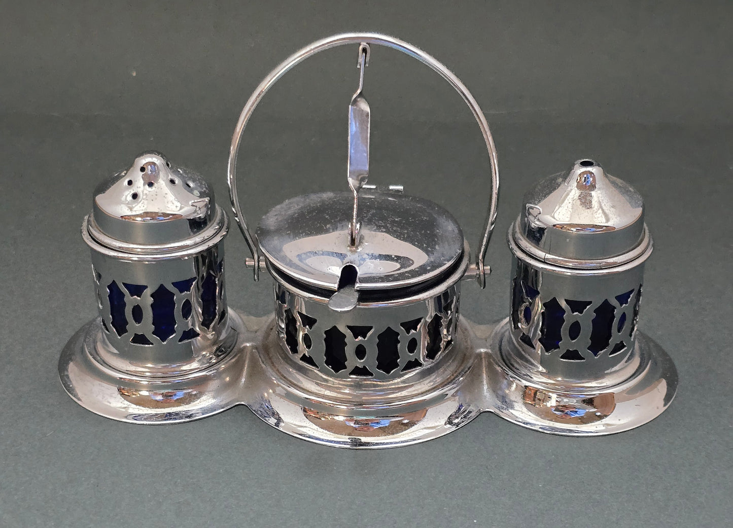 Art Deco Silver Plated Cruet Set with Cobalt Blue Glass Liners (circa 1930s-1940s)