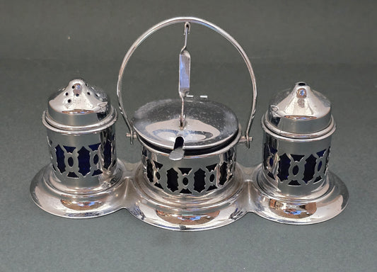 Art Deco Silver Plated Cruet Set with Cobalt Blue Glass Liners (circa 1930s-1940s)