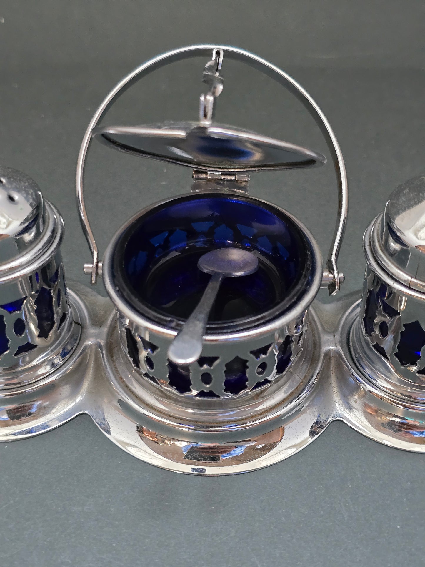 Art Deco Silver Plated Cruet Set with Cobalt Blue Glass Liners (circa 1930s-1940s)