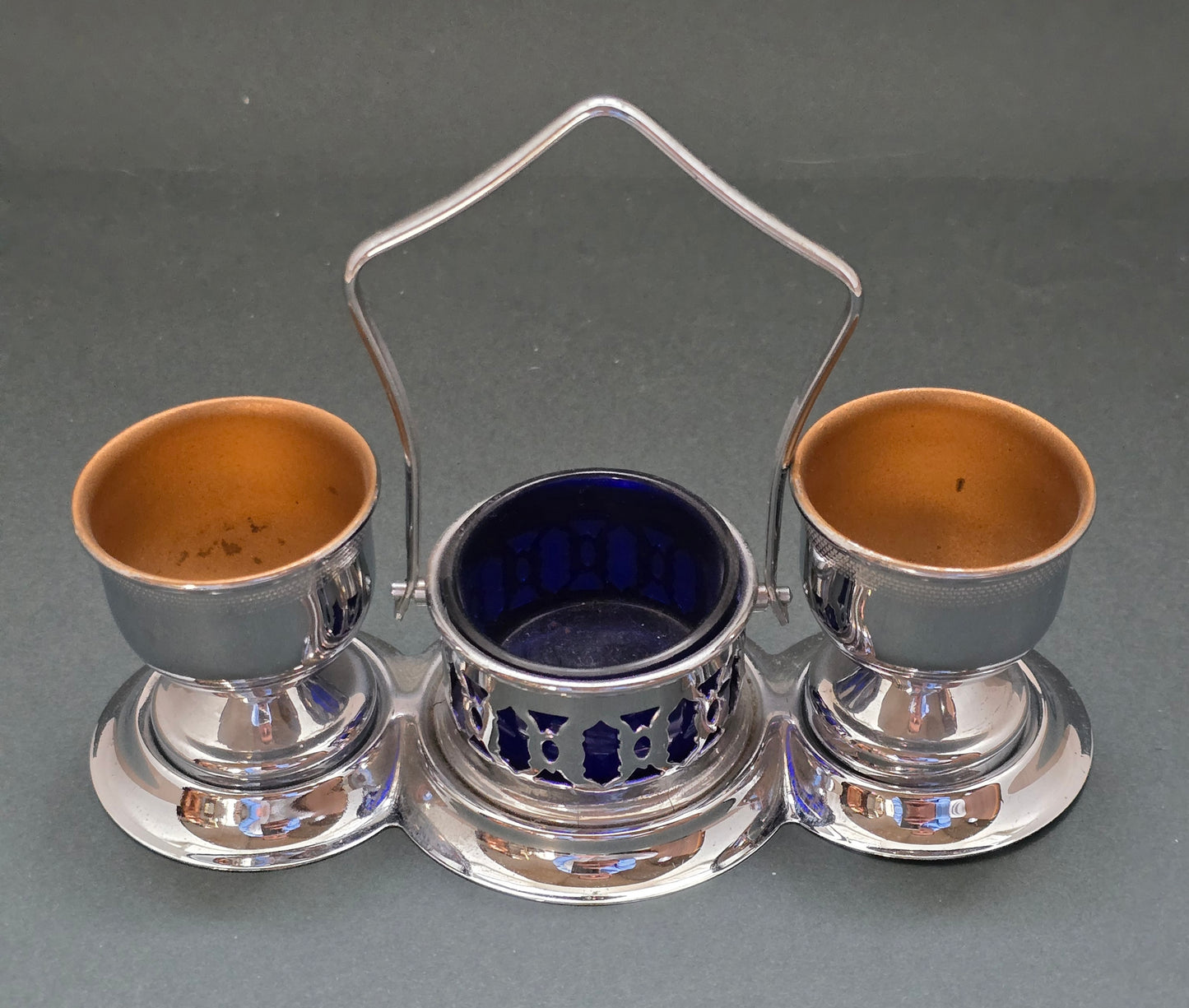 Art Deco Silver Plated Cruet Set with Cobalt Blue Glass Liners (circa 1930s-1940s)