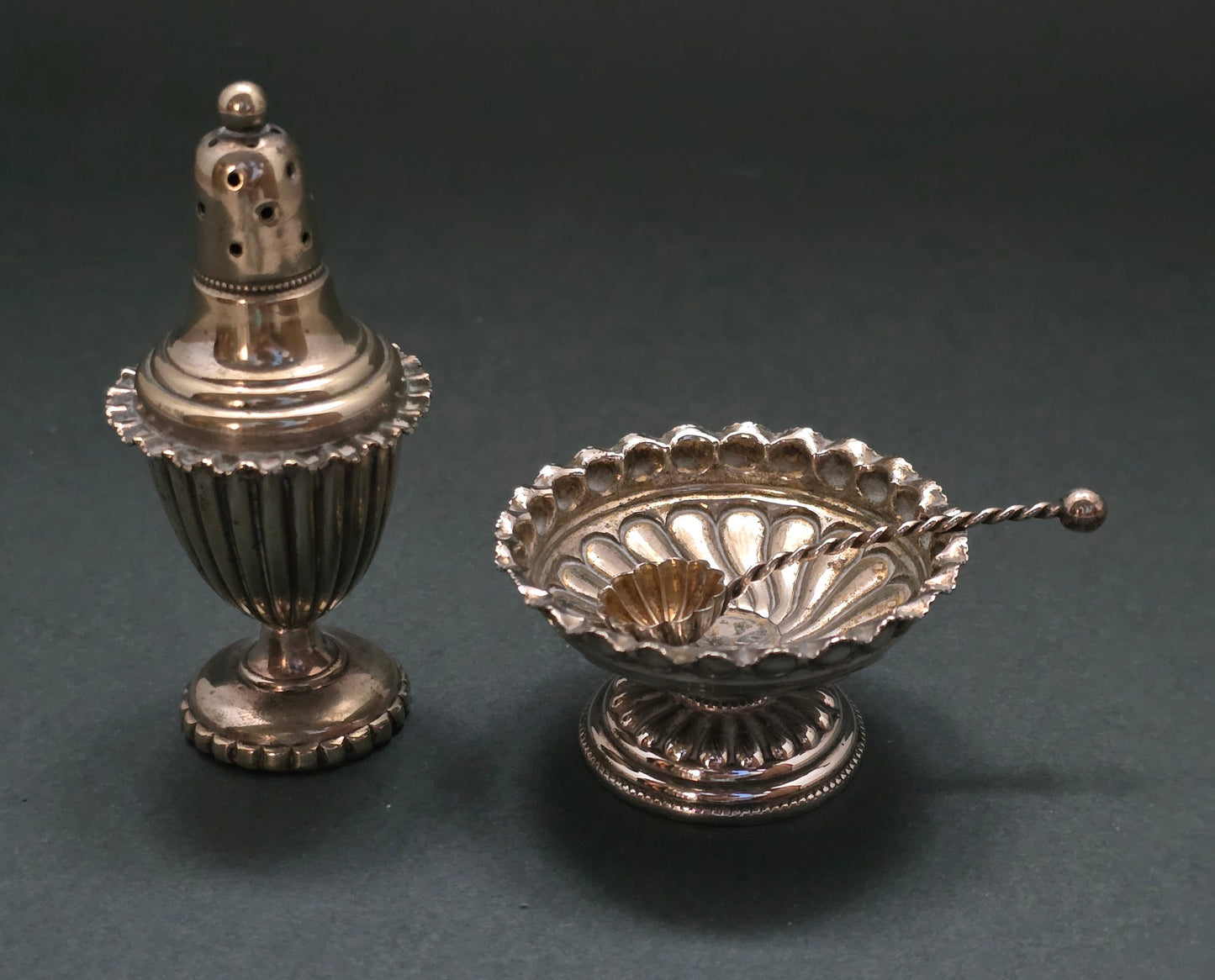 Late Victorian Sterling Silver Condiment Set - Weighted Pepper Shaker & Open Salt with Spoon (circa 1890-1910)