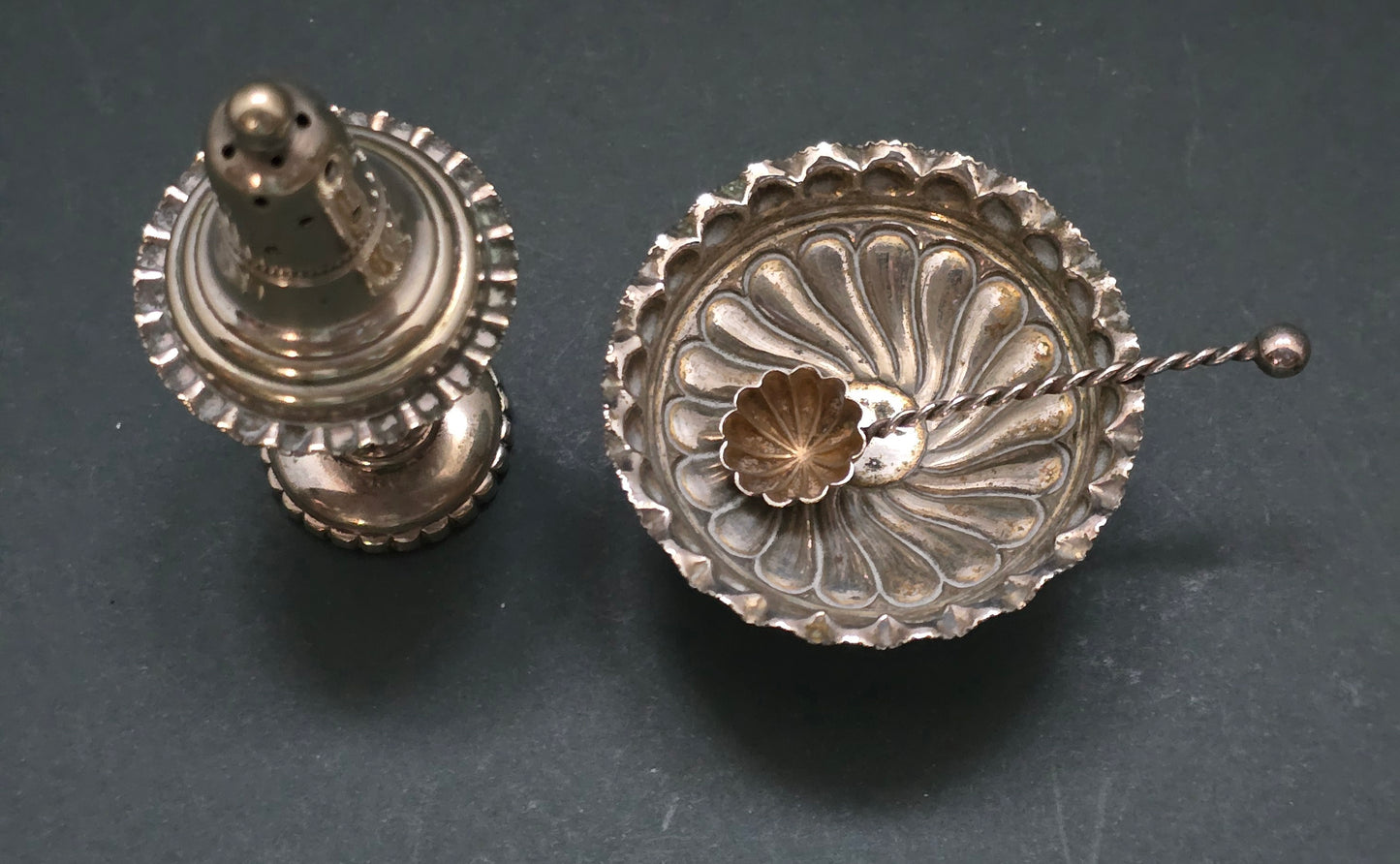 Late Victorian Sterling Silver Condiment Set - Weighted Pepper Shaker & Open Salt with Spoon (circa 1890-1910)