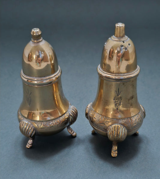 Vintage Brass Salt & Pepper Shakers Set - Ornate 1970s Design with Decorative Feet
