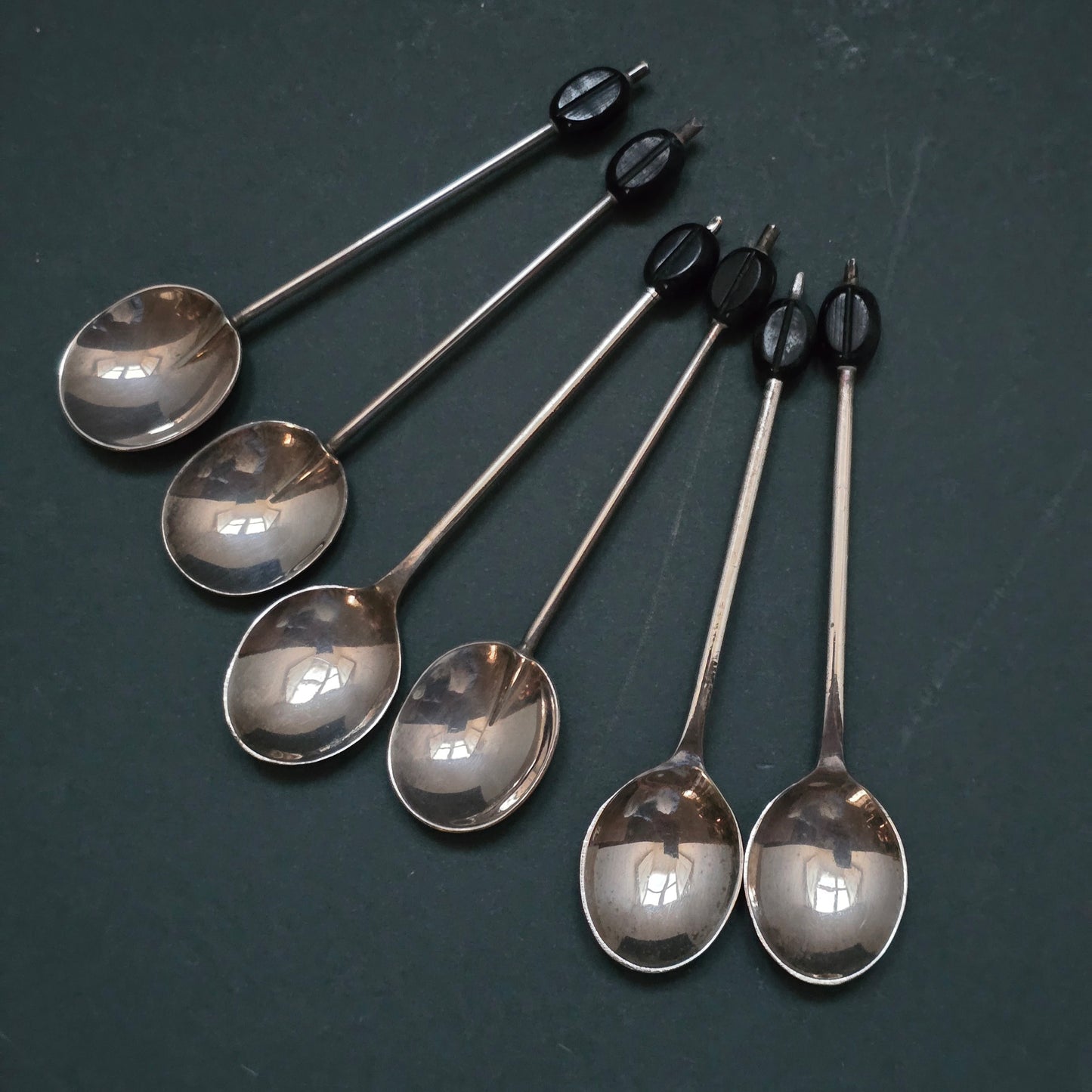 Set of 6 Vintage EPNS Tea Spoons - Made in England 1930s with Enamel Detail
