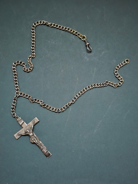 Vintage Silver-Plated Crucifix Necklace - 1930s Religious Cross with Chain