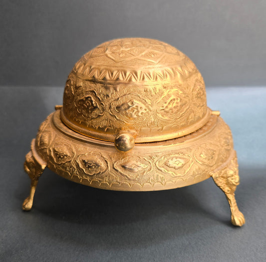 Vintage Brass Caviar Holder 1930s - Middle Eastern Engraved Serving Bowl