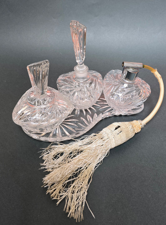 Art Deco Crystal Vanity Set 1930s - 3-Piece Cut Glass with Atomizer and Tray