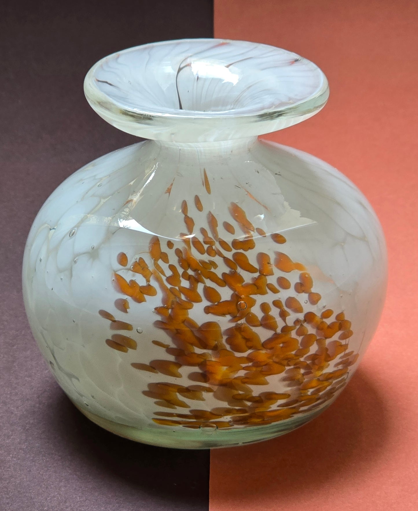 Mdina Glass Vase 1970s - White with Orange Confetti Maltese Art Glass
