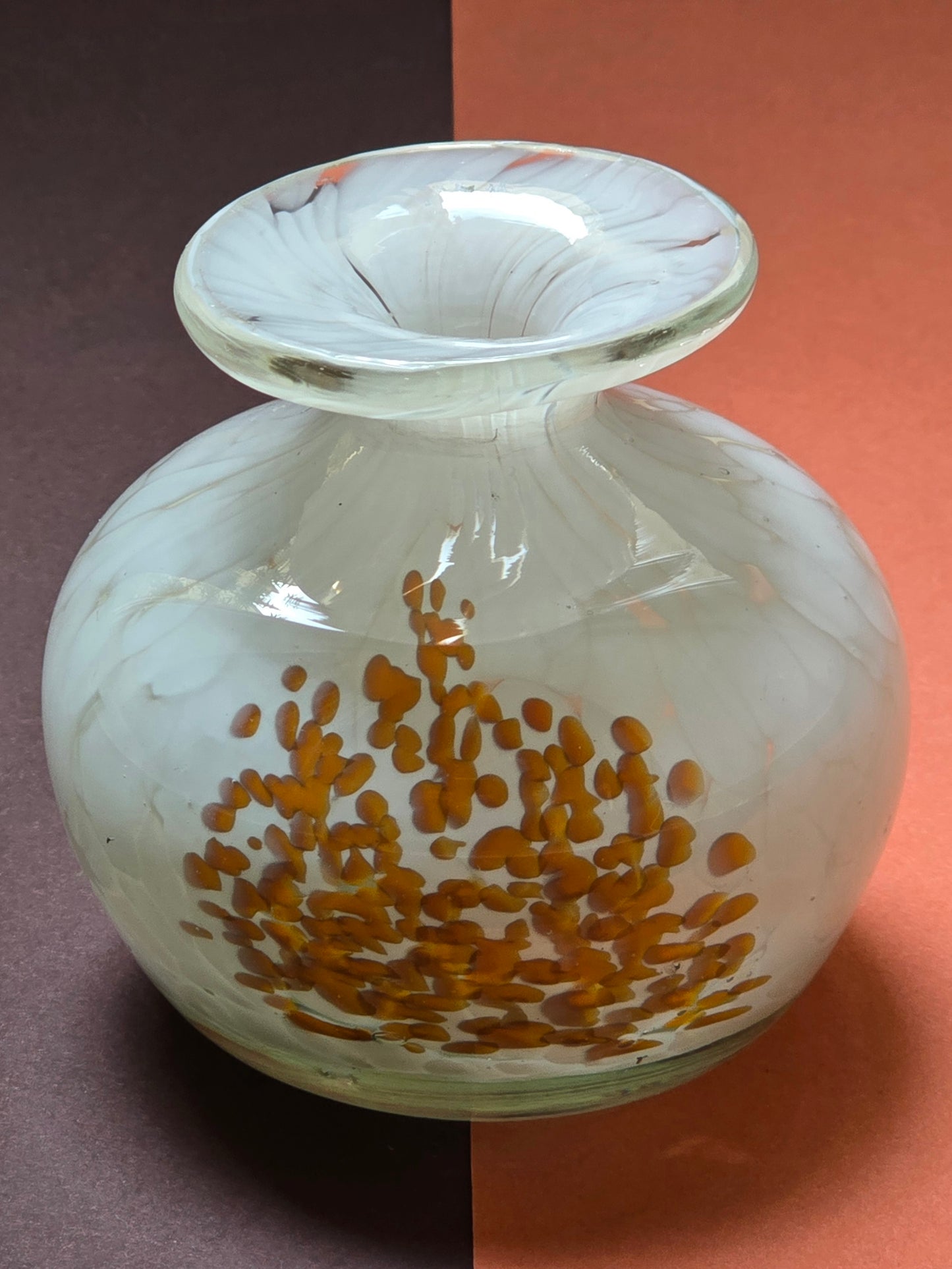 Mdina Glass Vase 1970s - White with Orange Confetti Maltese Art Glass