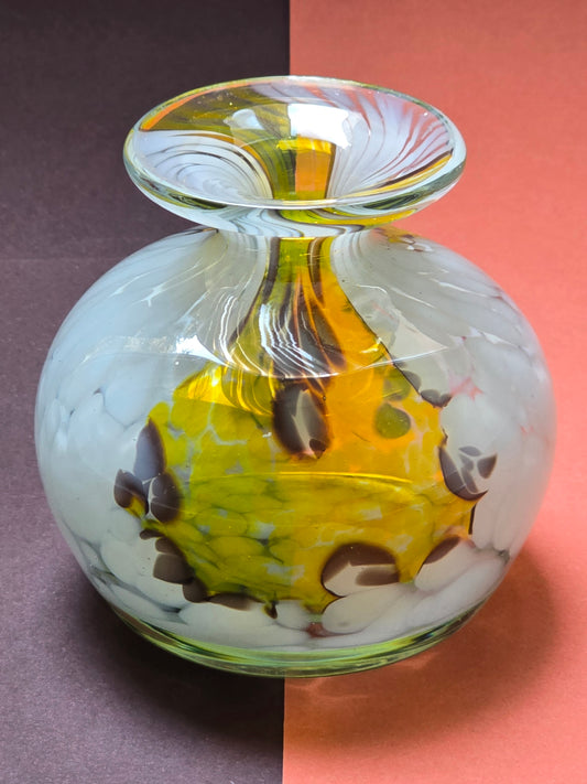 Mdina Glass Vase 1970s - Signed White with Yellow Swirl Maltese Art Glass