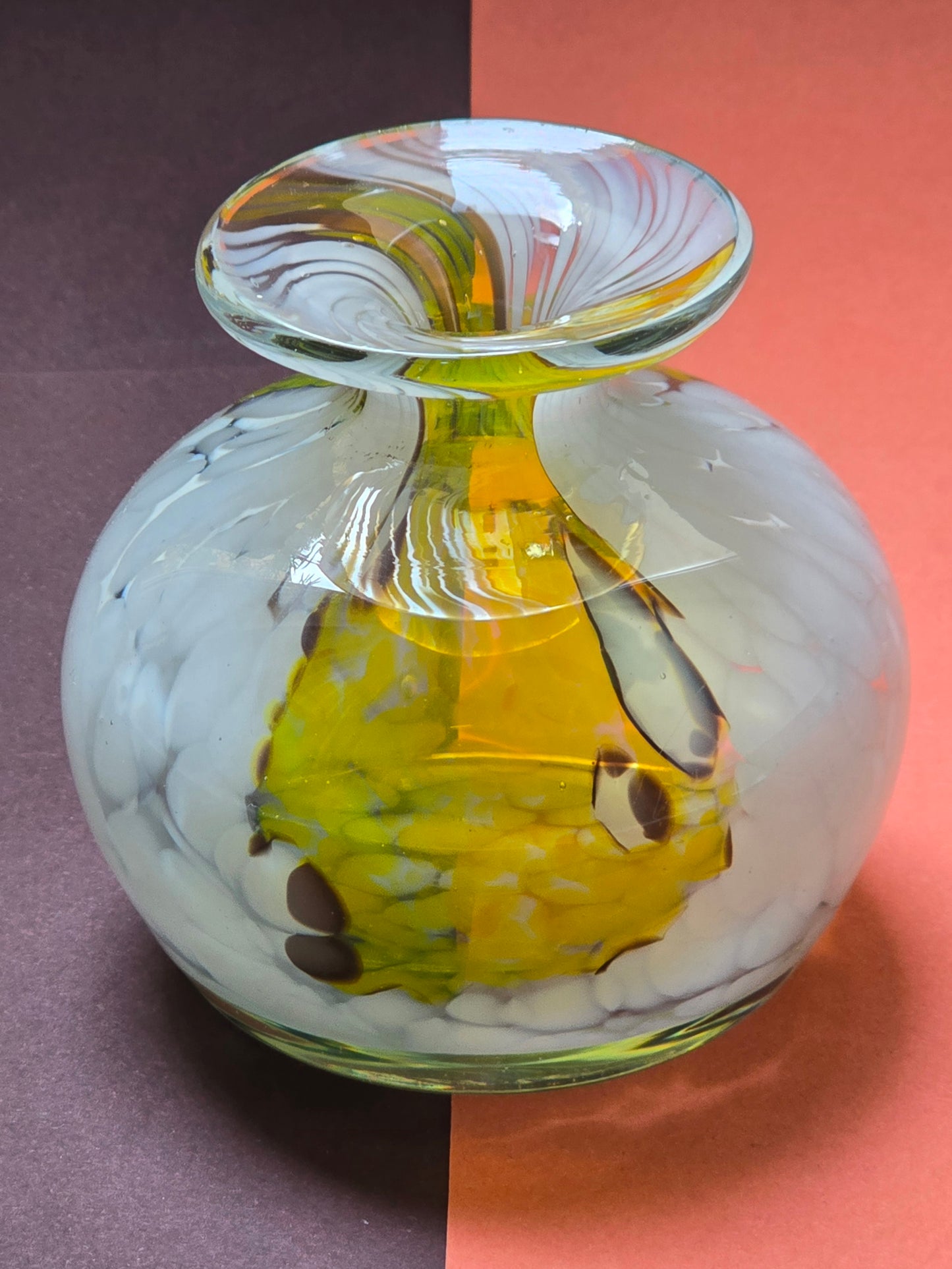 Mdina Glass Vase 1970s - Signed White with Yellow Swirl Maltese Art Glass