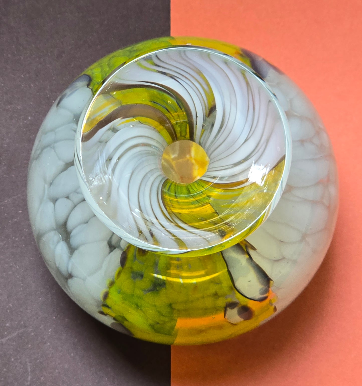 Mdina Glass Vase 1970s - Signed White with Yellow Swirl Maltese Art Glass