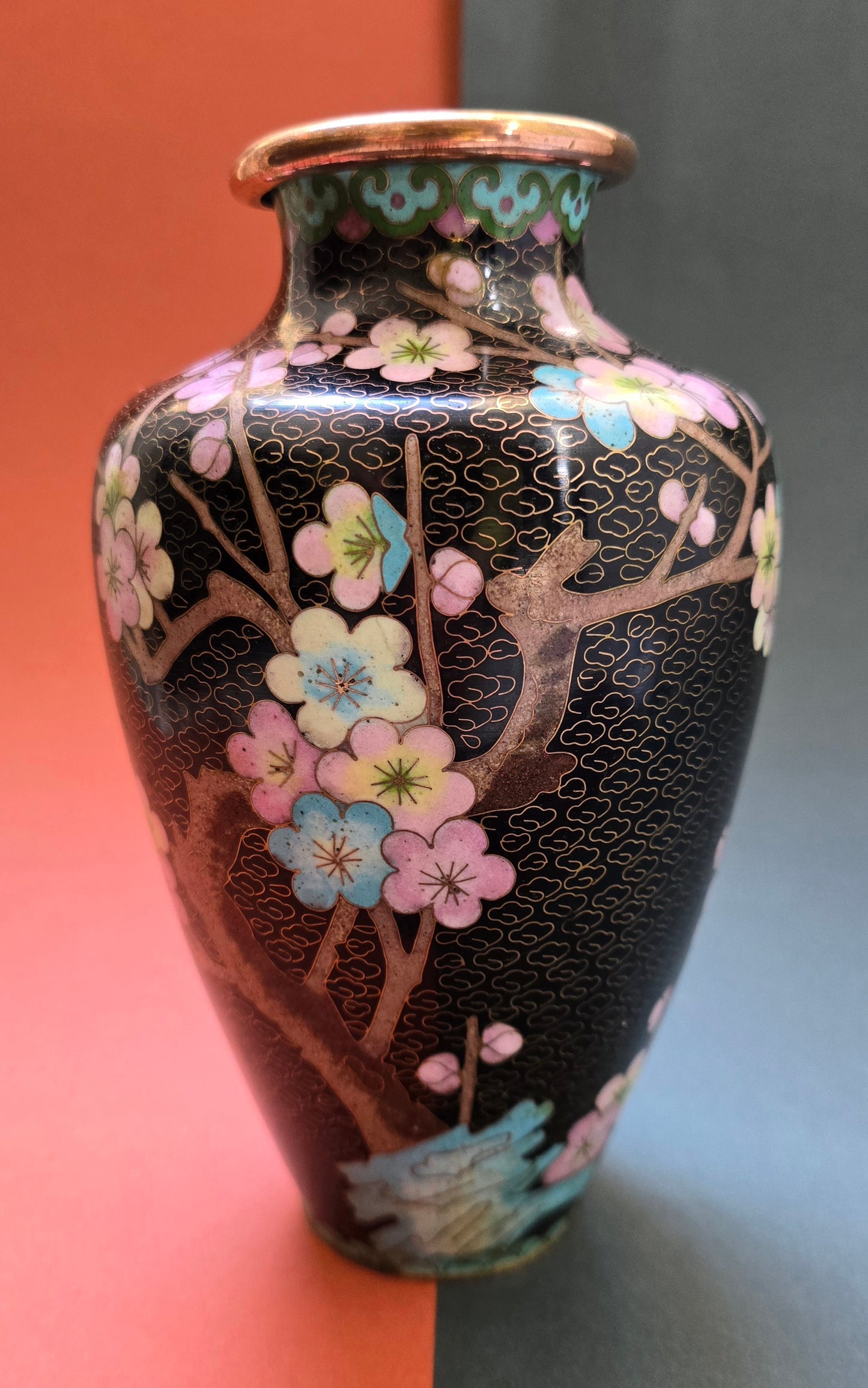Chinese Black Cloisonné Vase – Dragon & Blossom on Midnight Ground, 1940s–50s