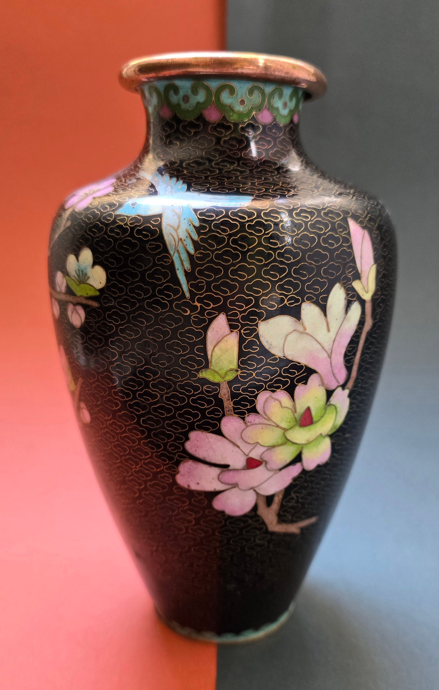 Chinese Black Cloisonné Vase – Dragon & Blossom on Midnight Ground, 1940s–50s