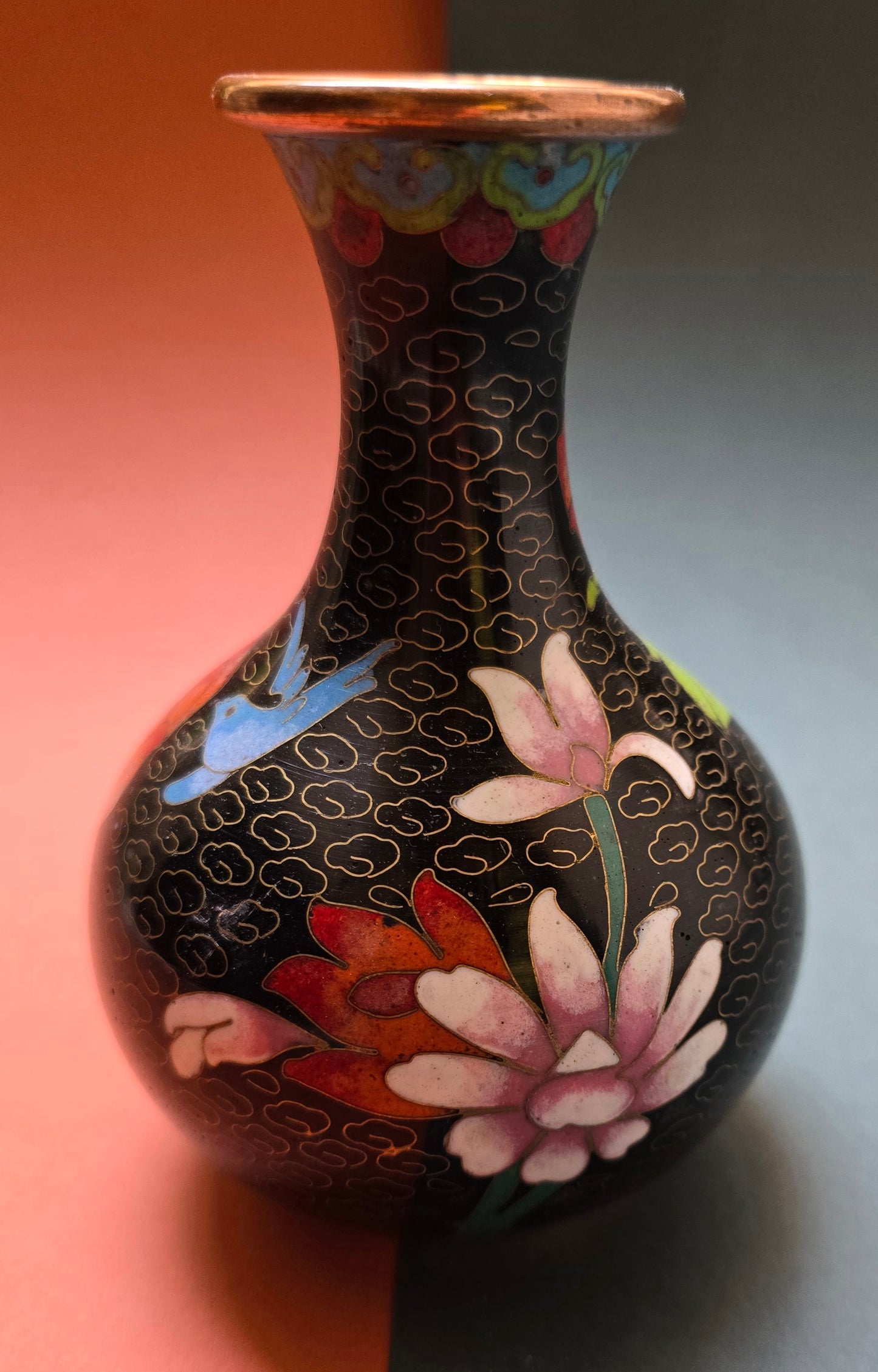 Chinese Black Cloisonné Vase – Flowers on Midnight Ground, 1940s–50s
