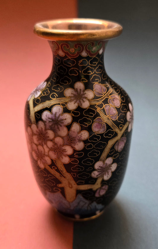 Chinese Black Cloisonné Miniature Vase – Flowers on Midnight Ground, 1940s–50s