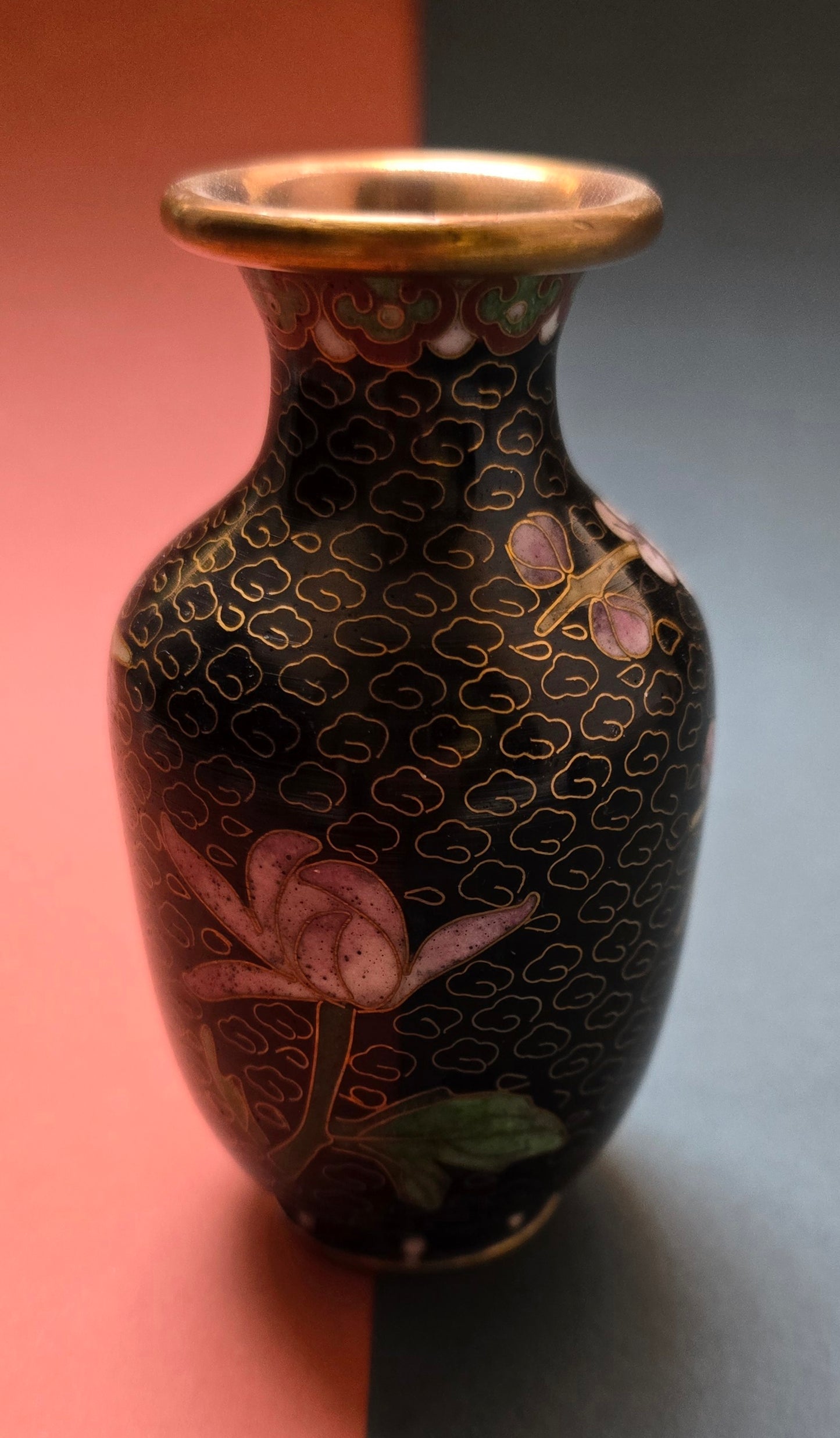 Chinese Black Cloisonné Miniature Vase – Flowers on Midnight Ground, 1940s–50s