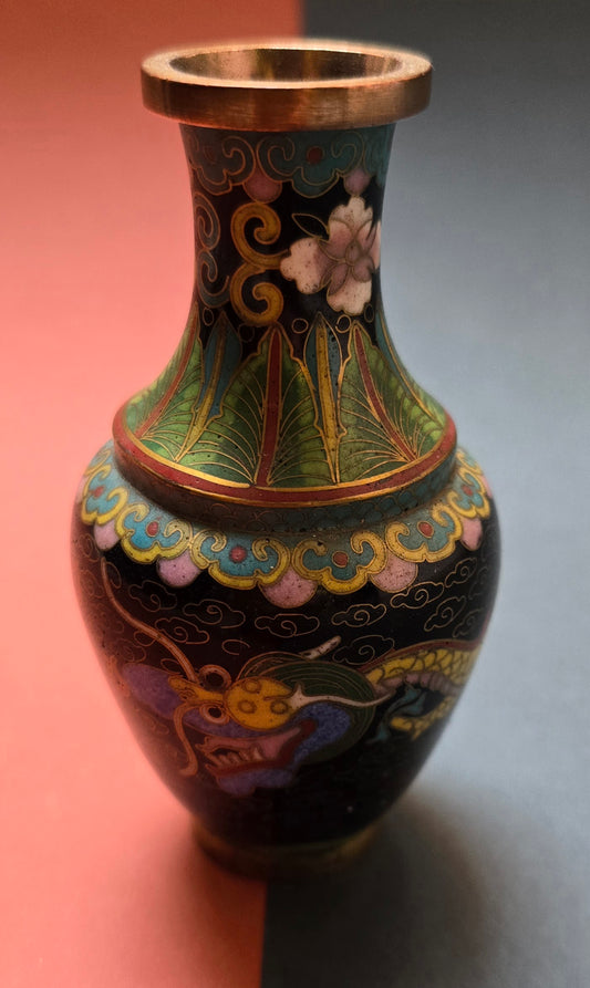 Chinese Black Cloisonné Miniature Vase – Dragon on Midnight Ground, 1940s–50s