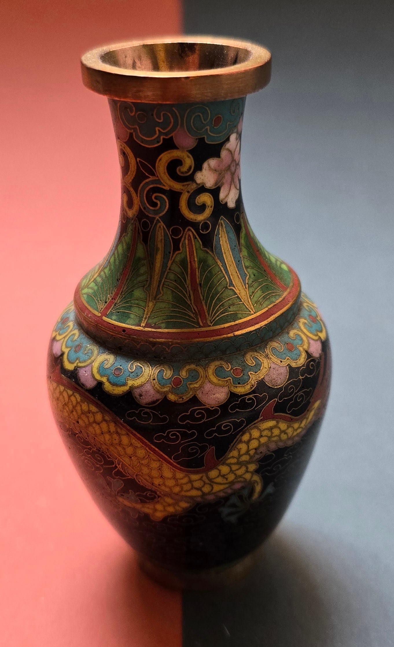 Chinese Black Cloisonné Miniature Vase – Dragon on Midnight Ground, 1940s–50s