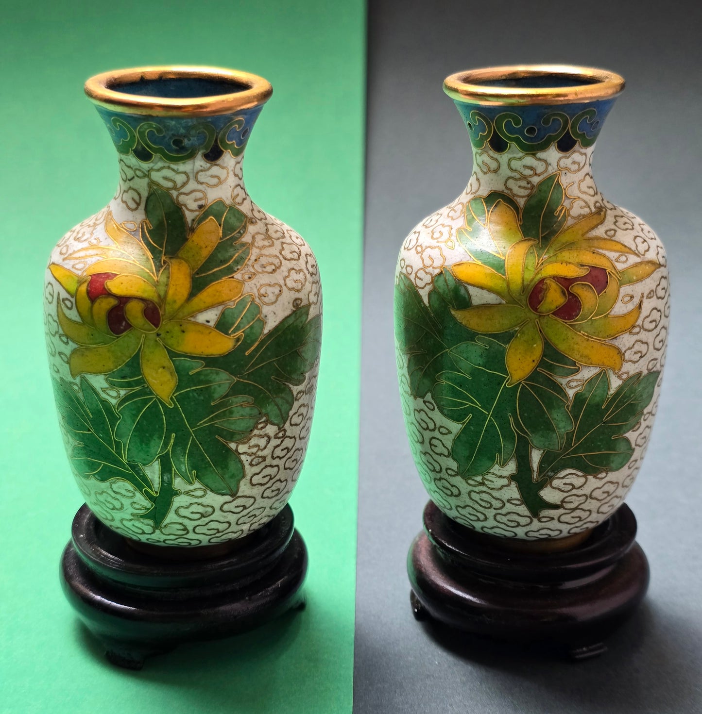 Chinese Cloisonné Miniature Vase with Wooden Stand – Peony & Ruyi Cloud, 1930s–40s