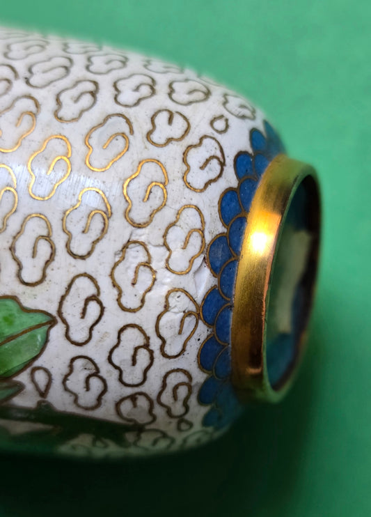 Chinese Cloisonné Miniature Vase with Wooden Stand – Peony & Ruyi Cloud, 1930s–40s